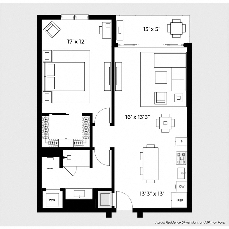 Floor plan for 1 bed, 1 bath, 875 sqft